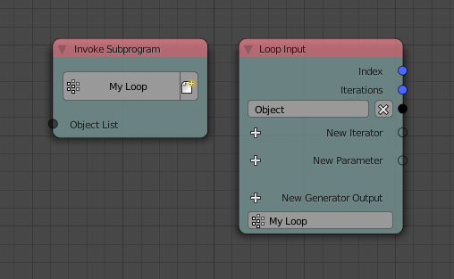 A screenshot from within Blender 3D of Animation Nodes' 'Invoke Subprogram' and 'Loop Input' nodes.